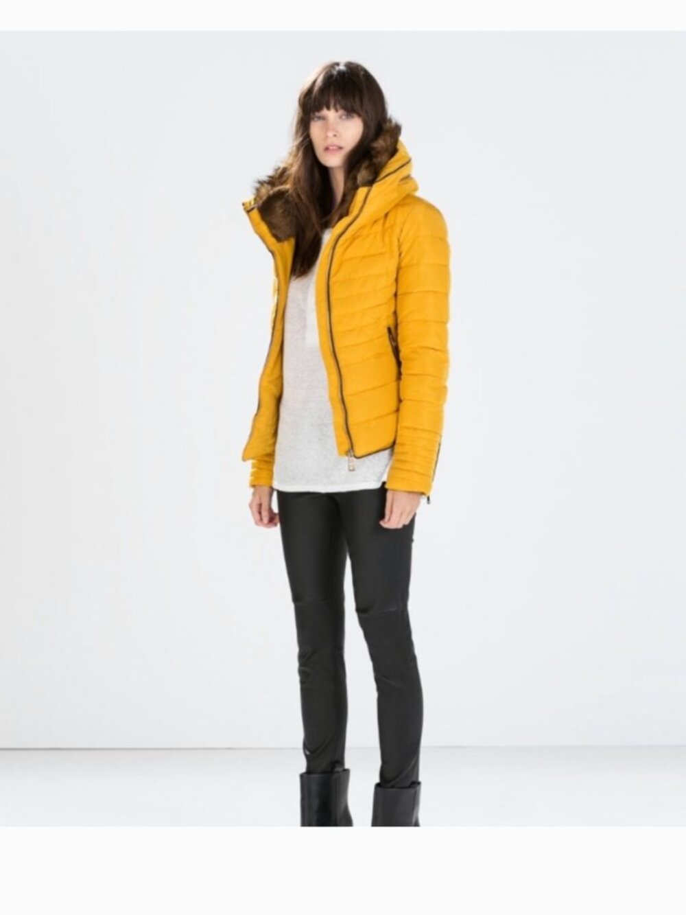 ZARA Down Puffer Padded fur collar anorak Jacket Coat Size: M in Yellow Mustard - Picture 6 of 12